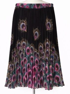 Peacock Feather Print Midi Pull on  Skirt Pleated Multicolor Lined whimsical
